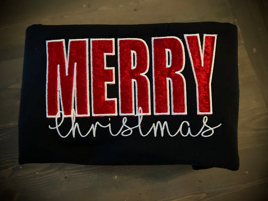 Embroidered Appliqué “Merry” Sweatshirt - “Santa’s Coat” Fabric