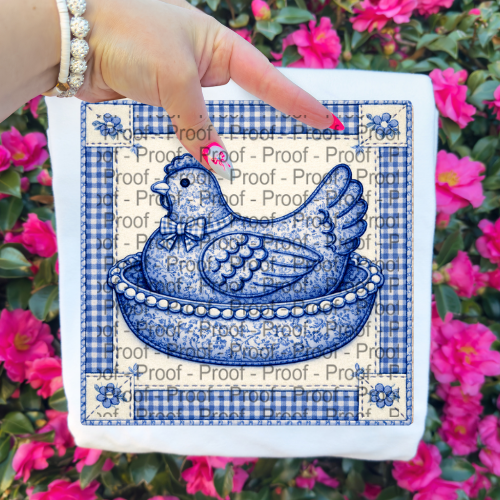 Hen On Nest Antique Blue Short Sleeve or Sweatshirt